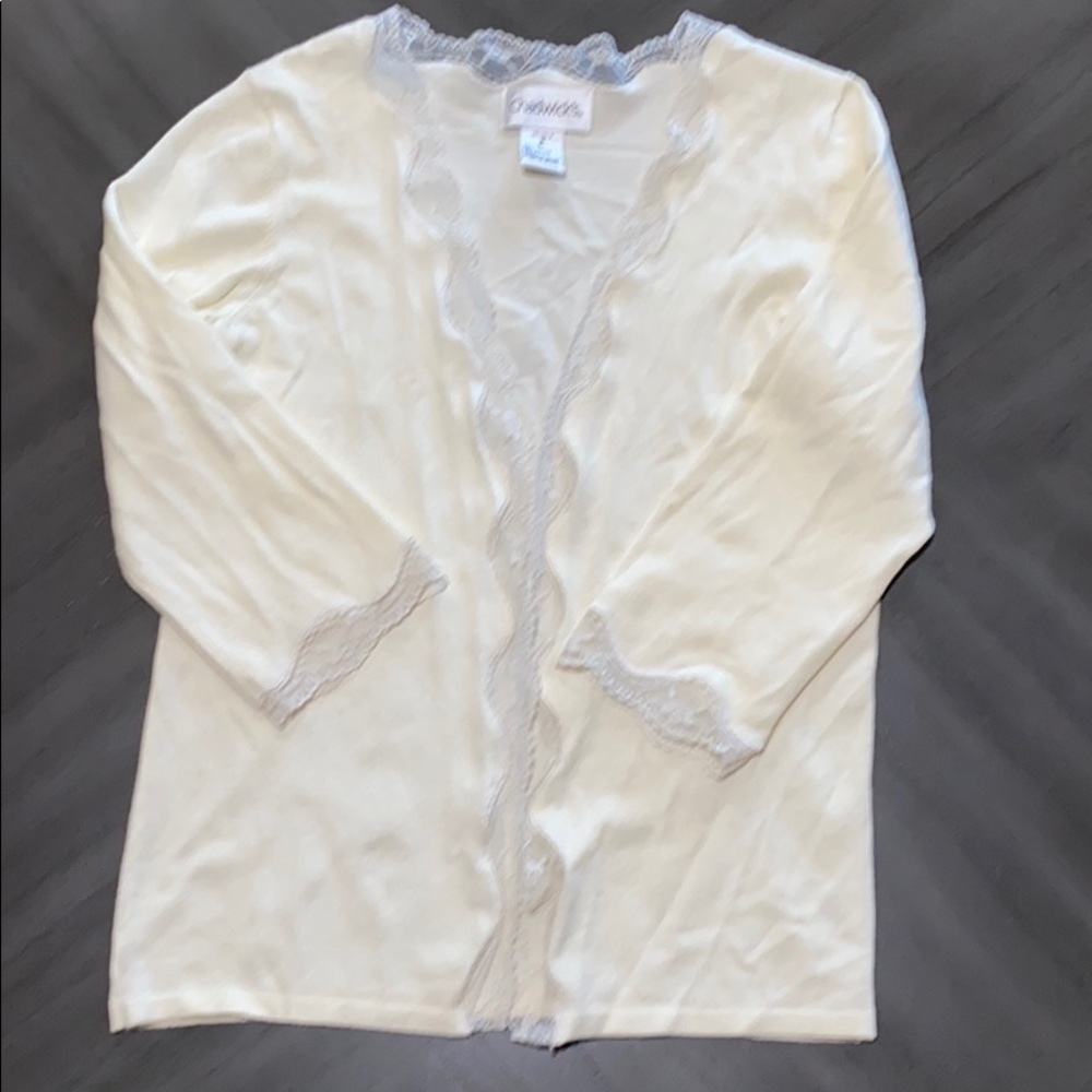 Chadwicks lace trimmed open front sweater sm cream